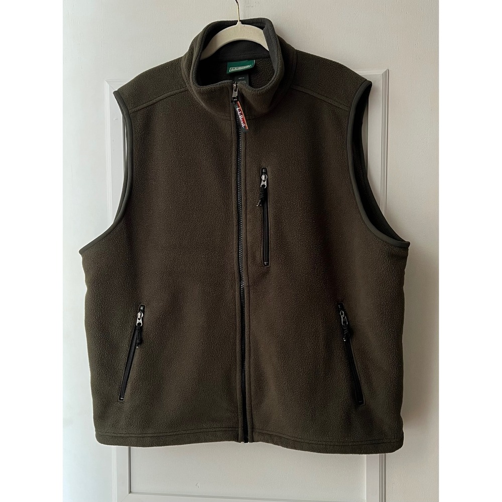LL Bean Mens XL Fleece Vest Full Zip Olive Green Mock Neck Regular 52x27